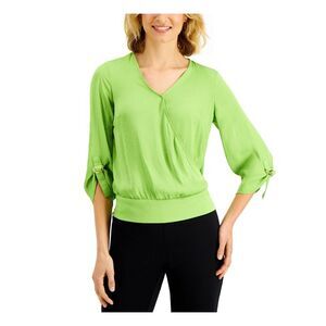 JM COLLECTION Womens Green Hardware Roll-tab Sleeve Wear To Work Top M
